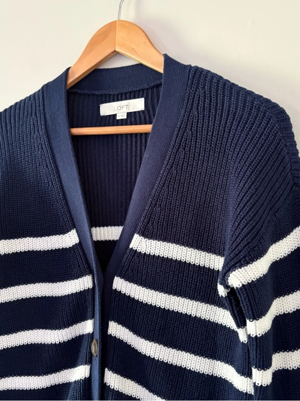 LOFT Navy‎ & White Striped Cotton Cardigan Button Front Preppy Knit Sweater M